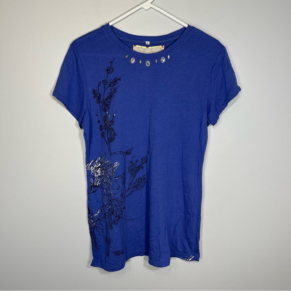 NEW For Love And Liberty Shirt Womens Large Purple Jewel Neck Metallic Graphic